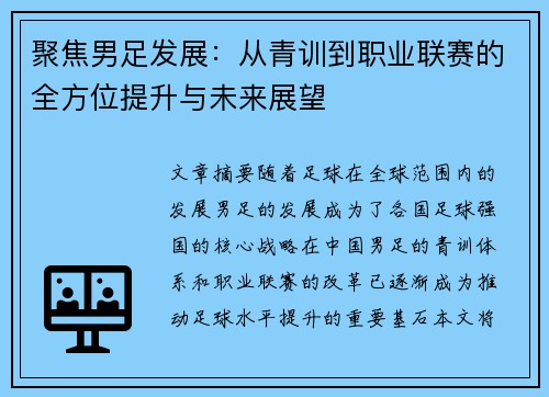 聚焦男足发展：从青训到职业联赛的全方位提升与未来展望