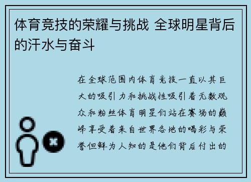 体育竞技的荣耀与挑战 全球明星背后的汗水与奋斗