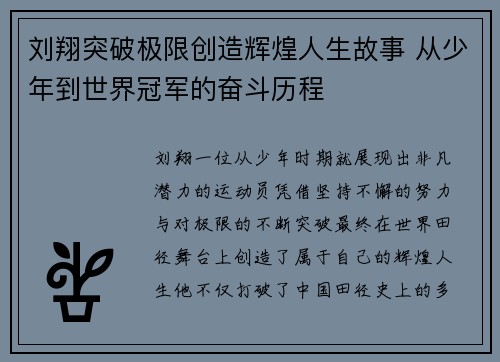刘翔突破极限创造辉煌人生故事 从少年到世界冠军的奋斗历程